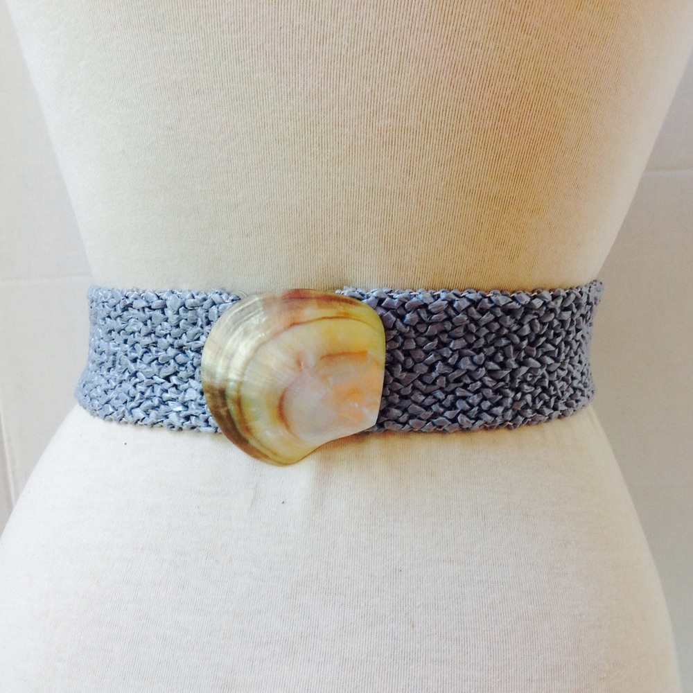 Vintage Blue Belt Shell Rattan Straw Clam Buckle